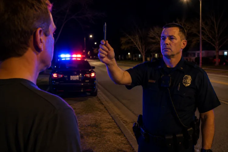 Officer administering horizontal gaze nystagmus test with pen at proper distance during OWI stop