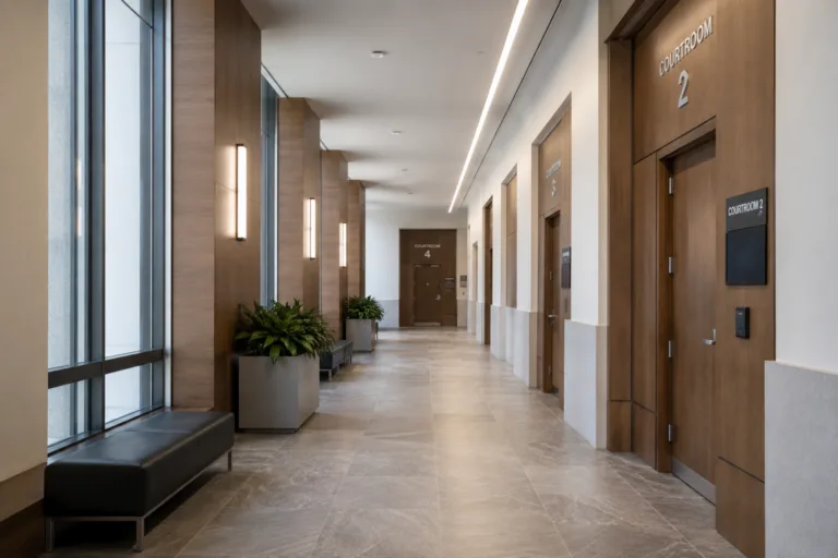 Michigan courthouse hallway with courtroom doors, where DUI pre-trial conferences take place
