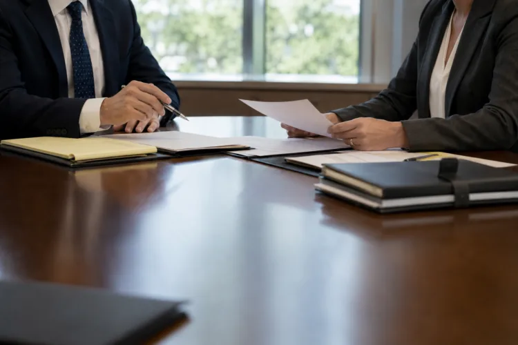 Defense attorney and prosecutor reviewing case documents during a DUI pre-trial conference
