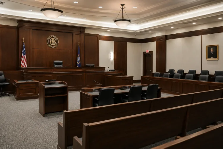 Empty Michigan circuit courtroom where license restoration appeals can be reviewed by a judge