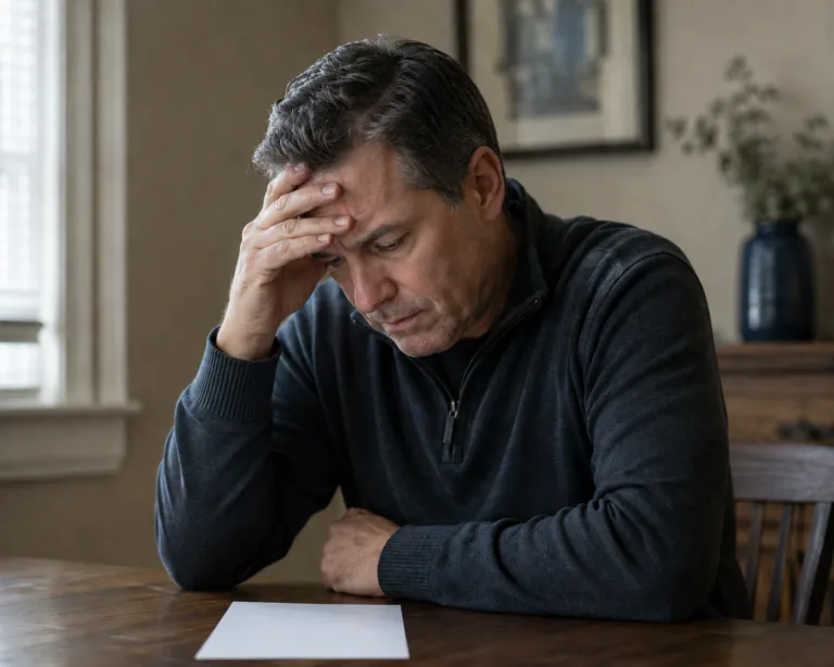 A man sits at a table looking stressed after losing a Michigan license restoration appeal