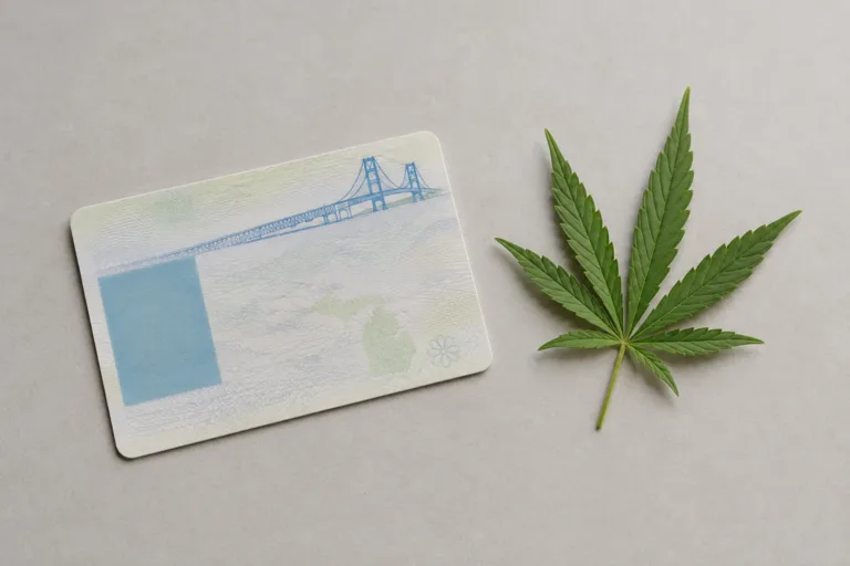 Michigan driver's license and cannabis leaf illustrating why marijuana use bars a Michigan license restoration appeal