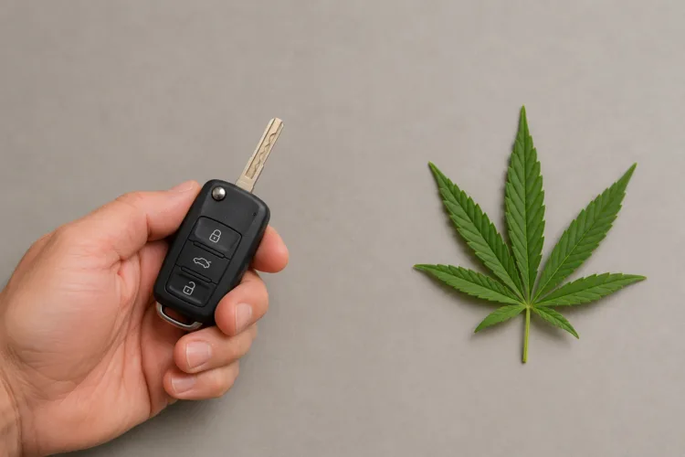 Hand holding car key alongside a cannabis leaf representing the conflict between marijuana use and Michigan license restoration