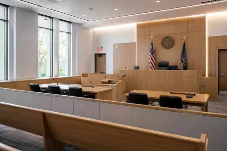Empty Michigan district and circuit court courtroom with judge's bench and state seal