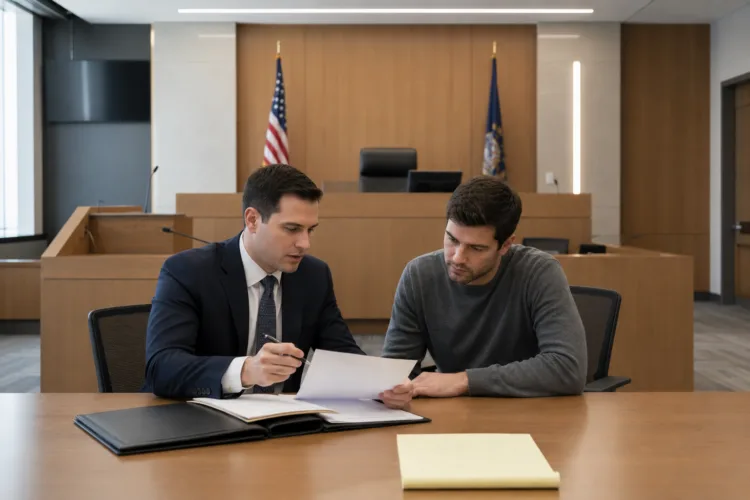 Defense attorney reviewing case documents with client at Michigan courtroom counsel table
