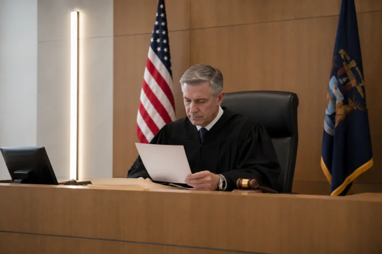 Michigan judge in black robe reviewing documents at the courtroom bench with gavel