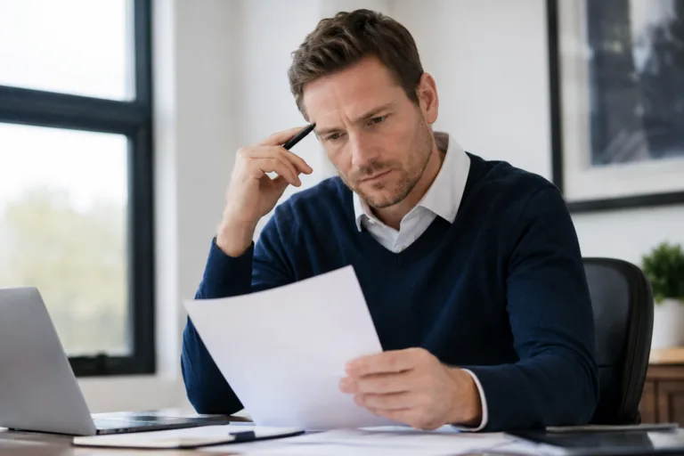 Man in business casual attire sitting at a desk reviewing documents with a concerned expression