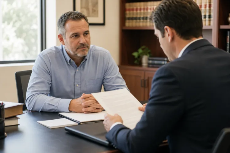 A man meets with a DUI defense attorney in a law office to discuss his third-offense DUI case in Michigan