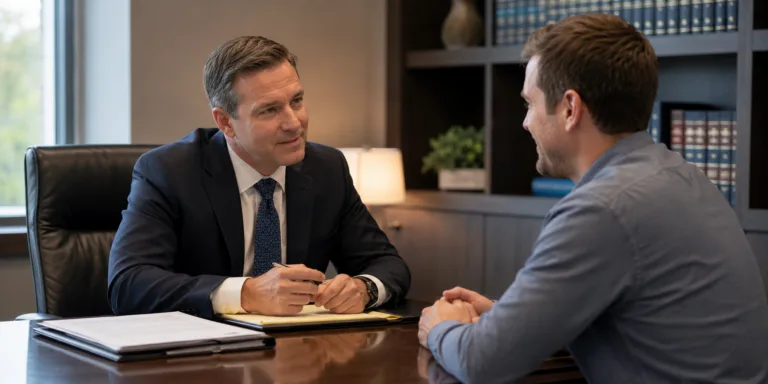 A Michigan DUI attorney consults with a client at his office desk, reviewing case documents in a professional law office setting.