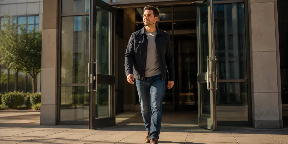 A man walks out of a courthouse into sunlight with a relaxed, confident expression — the kind of outcome a skilled Michigan DUI lawyer works to achieve.