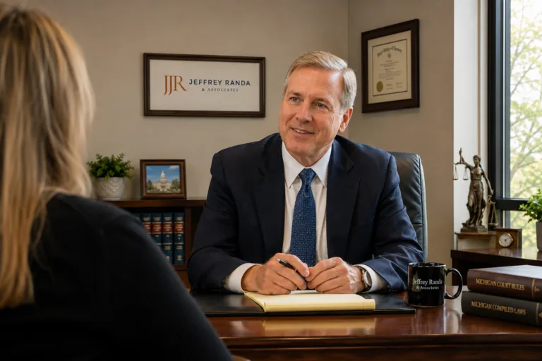 Caucasian male attorney in his mid-50s reviewing professional documents or a book at a desk, thoughtful and engaged, conveying expertise and serious study. Law office setting, warm lighting. Photorealistic.