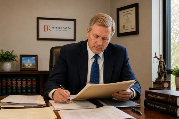 Jeffrey Randa reviewing case documents at his desk in his Michigan DUI and license restoration law office