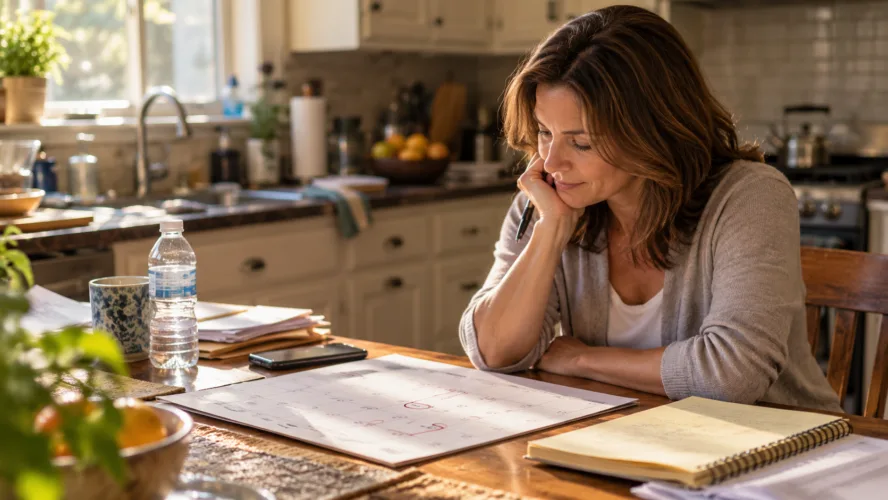 Woman studying a marked calendar at her kitchen table while waiting out probation or parole
