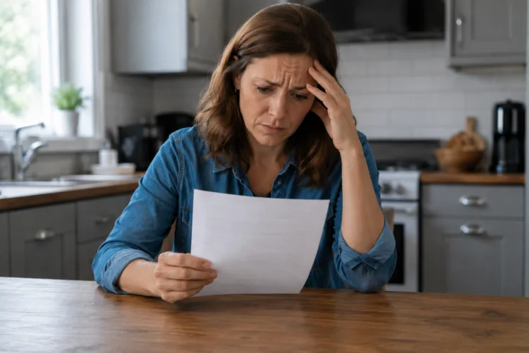 Woman sitting at a kitchen table looking distressed while reading an official letter about an ignition interlock violation