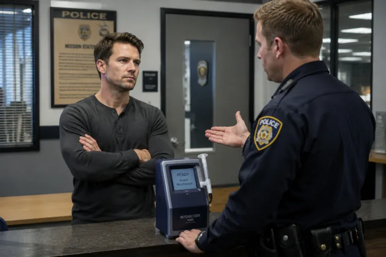 Man refusing the breath test in Michigan at a police station as officer gestures toward the Intoxilyzer 9000
