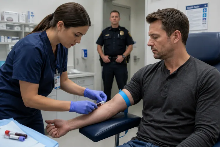 Medical professional drawing blood from a DUI suspect after a refused breath test in Michigan, police officer present