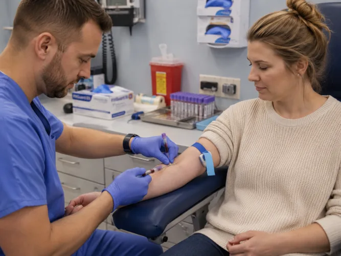Medical professional drawing blood from a patient's arm following a chemical test refusal in Michigan