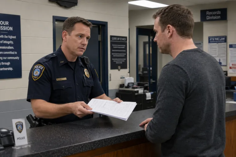 Michigan police officer presenting chemical test refusal paperwork to a man at a police station counter