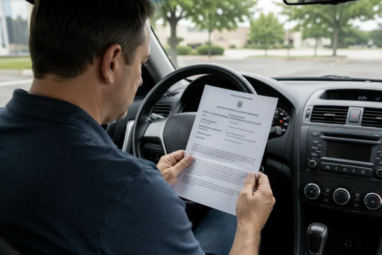 Man reading an official Michigan driver's license suspension notice after a DWLS charge