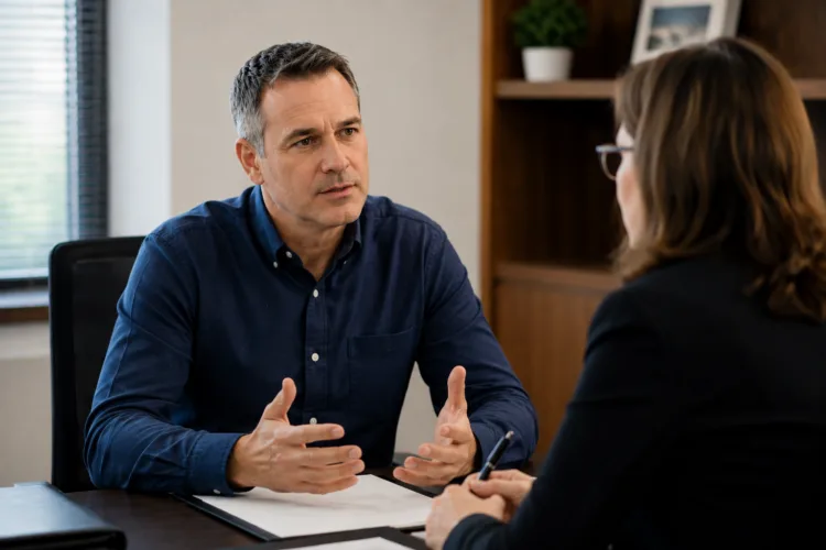 A man discussing his DUI case as an isolated incident with a professional during a legal consultation