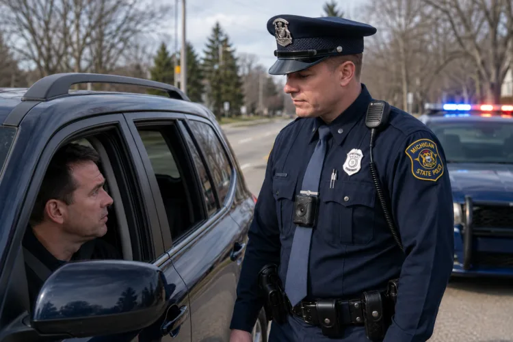 Michigan State Police officer conducting traffic stop for driving on a suspended license