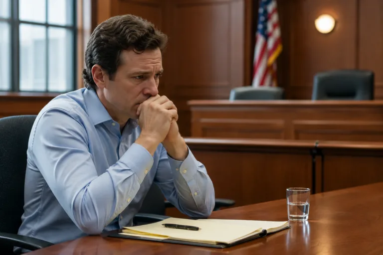 Man facing a probation violation in Michigan sitting alone in a courtroom