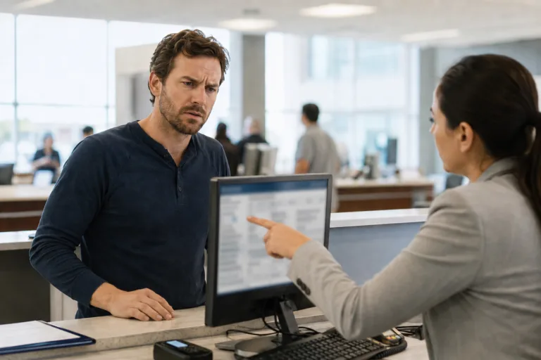 Confused man at a DMV counter learning about a Michigan license hold on his driving record