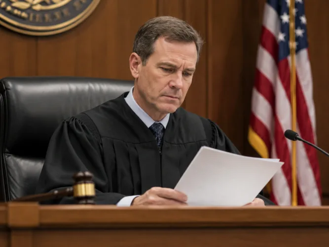 ichigan judge reviewing case documents in indecent exposure hearing 