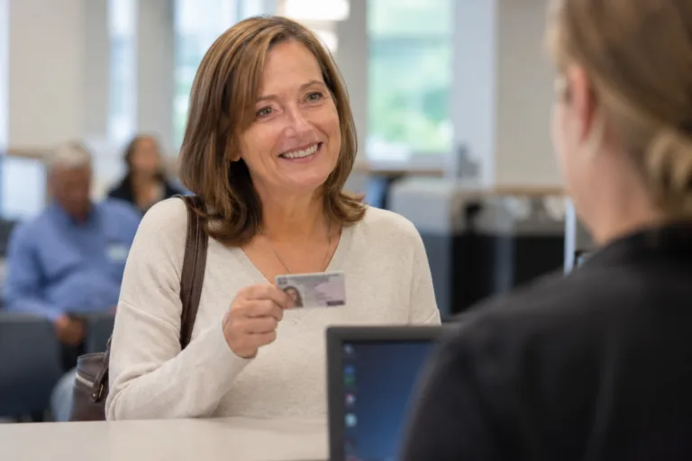 Woman smiling with relief at a DMV counter after successfully clearing a Michigan license hold on her driving record