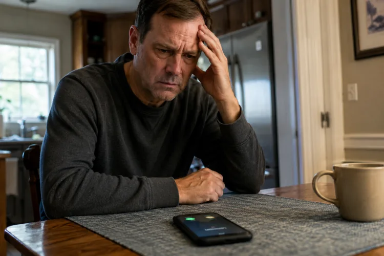 Worried man staring at ringing phone before talking to police without a lawyer