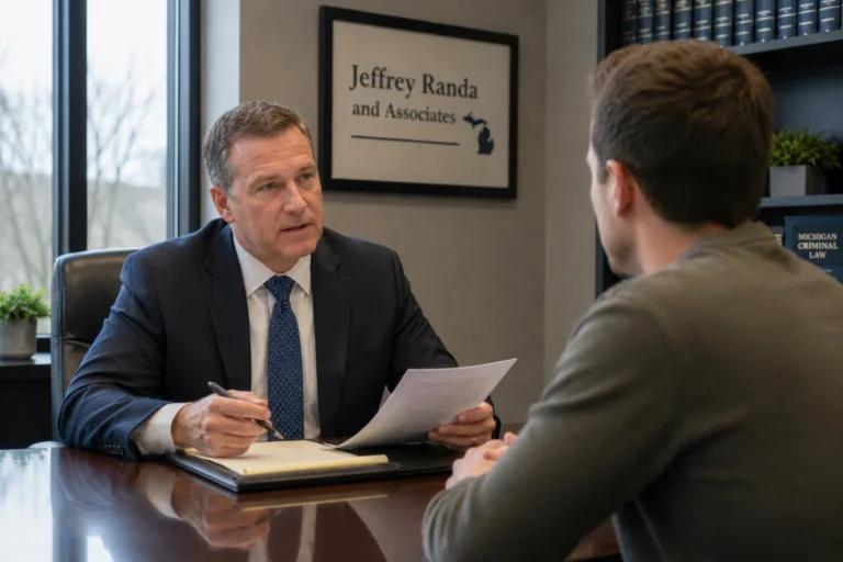 Michigan DUI plea bargain attorney reviewing case with client at Jeffrey Randa and Associates