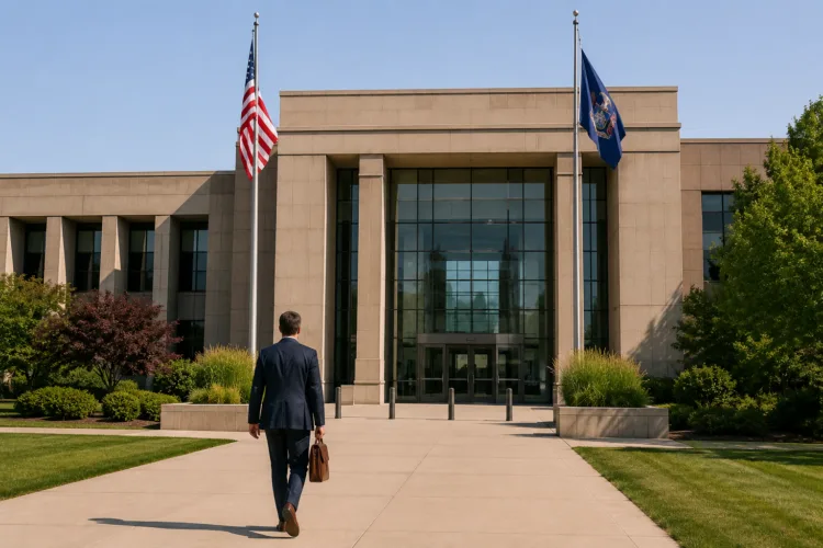 Attorney walking into a Michigan district courthouse to handle a first offense DUI case