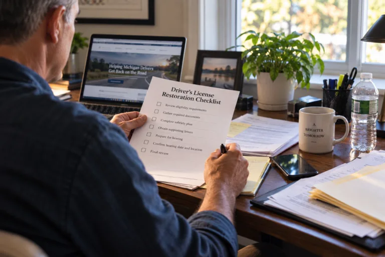 Reviewing a Michigan license restoration checklist at a home office desk