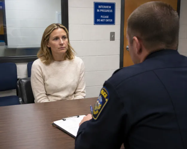 Woman questioned by officer at police station during Michigan DUI arrest