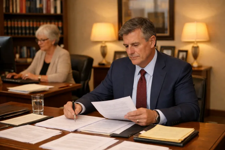 Michigan license restoration attorney reviewing appeal documents with legal team