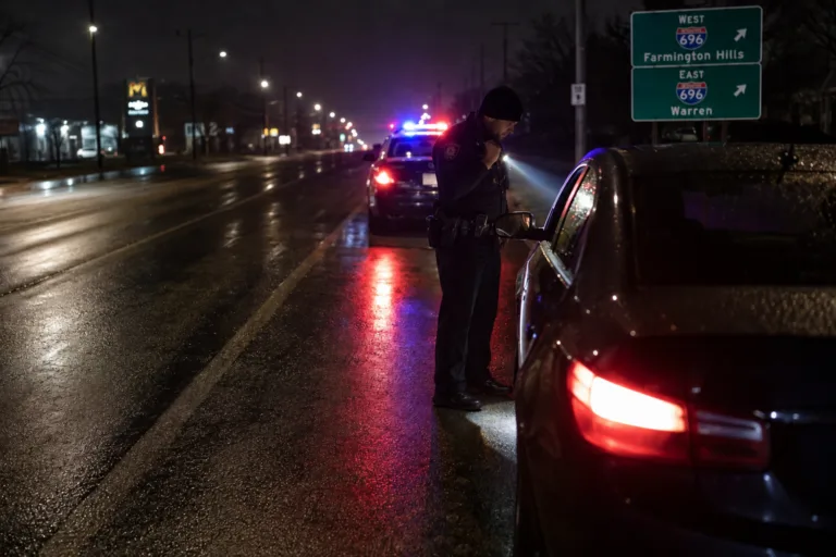 Police officer conducting a nighttime traffic stop on a Michigan road during a Super Drunk DUI investigation
