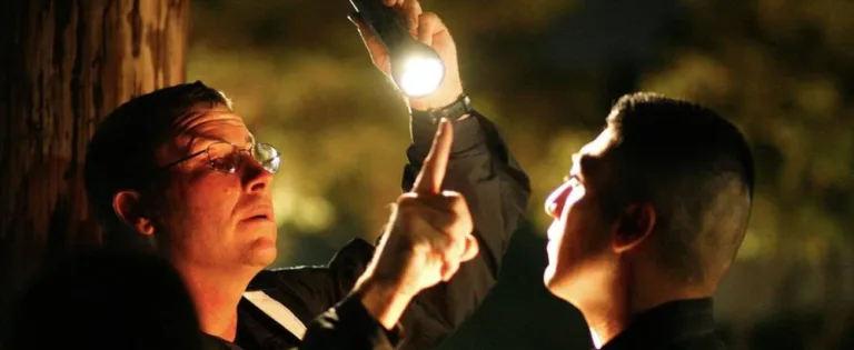 Police officer using flashlight to perform eye test during DUI investigation