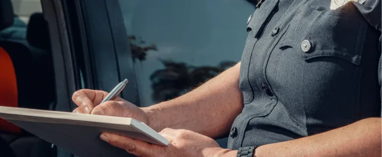 Close-up of officer’s hands taking notes on clipboard after pulling driver over