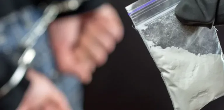 Gloved hand holding bag of white powder in front of person in handcuffs.