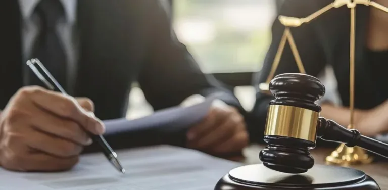 Lawyer reviewing legal documents at desk with judge’s gavel and scales of justice.