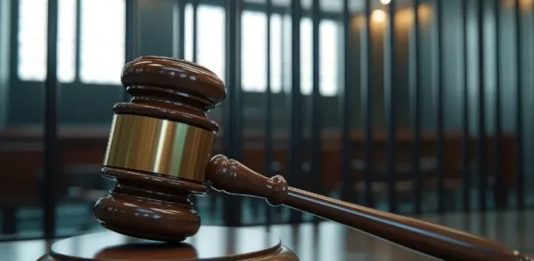 Close-up of a judge’s wooden gavel resting on its block in an empty courtroom
