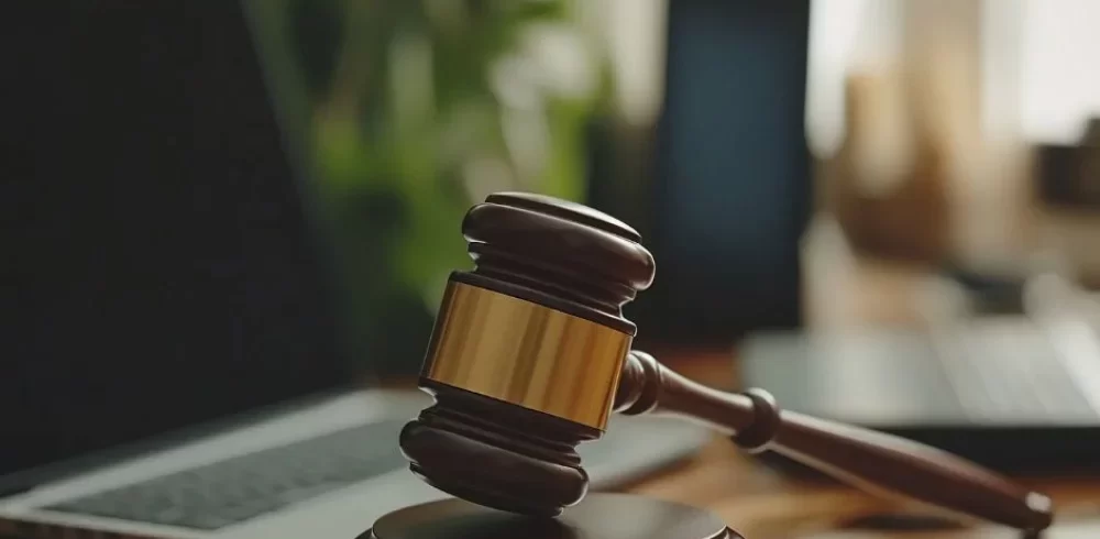 Judge's wooden gavel on desk in front of open laptop, symbolizing online legal proceedings.