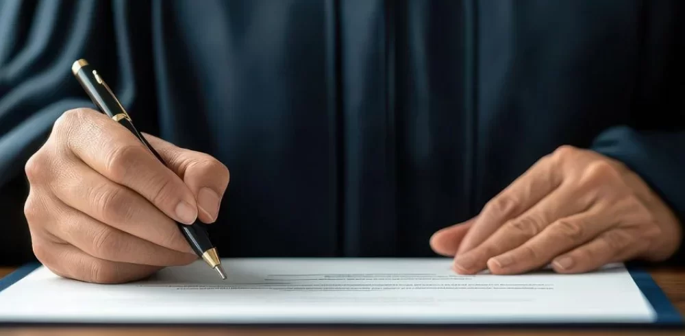 Judge in dark robe signing legal document with pen at a desk.