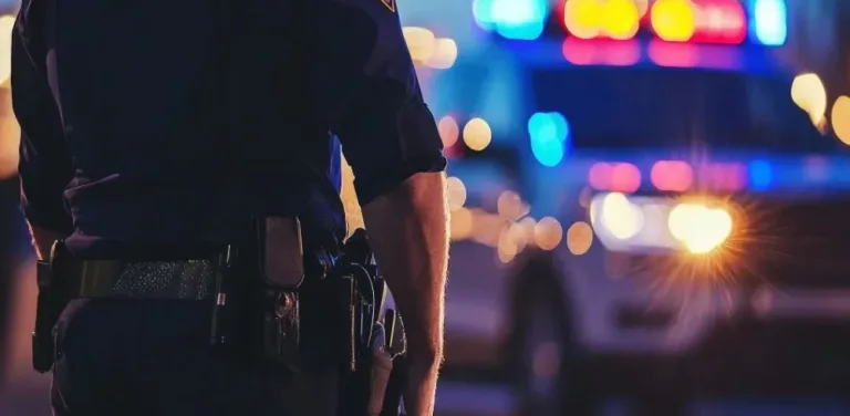 Police officer standing in front of patrol car with flashing lights at night.