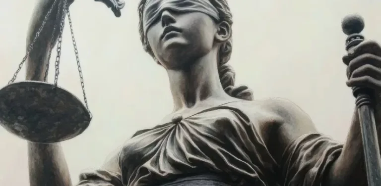 Blindfolded Lady Justice statue holding scales and sword, symbolizing fairness under law.