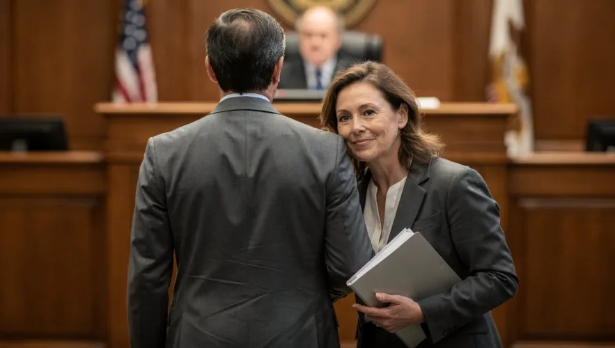 Defense attorney consulting with client in Michigan courtroom during first DUI case