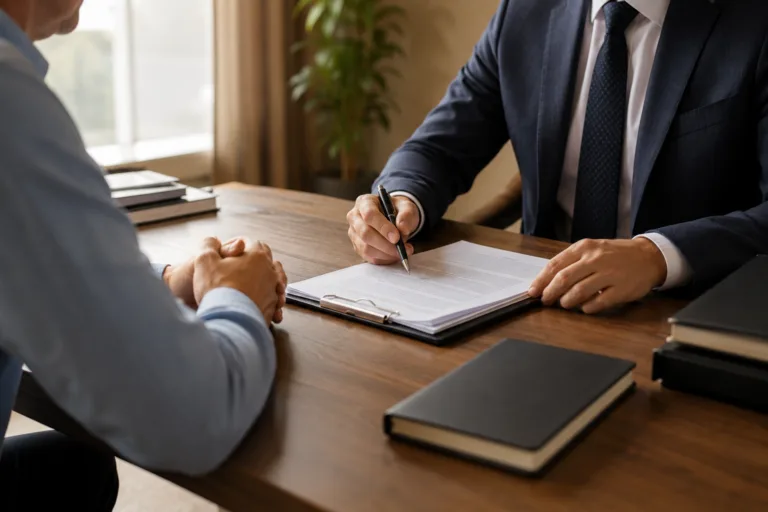 Attorney reviewing license restoration appeal documents with client