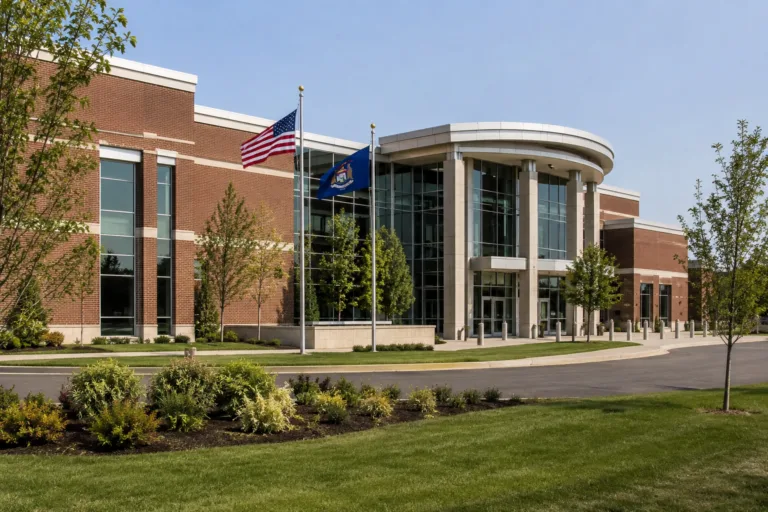Exterior of the 41B District Court in Clinton Township Michigan with American and Michigan state flags