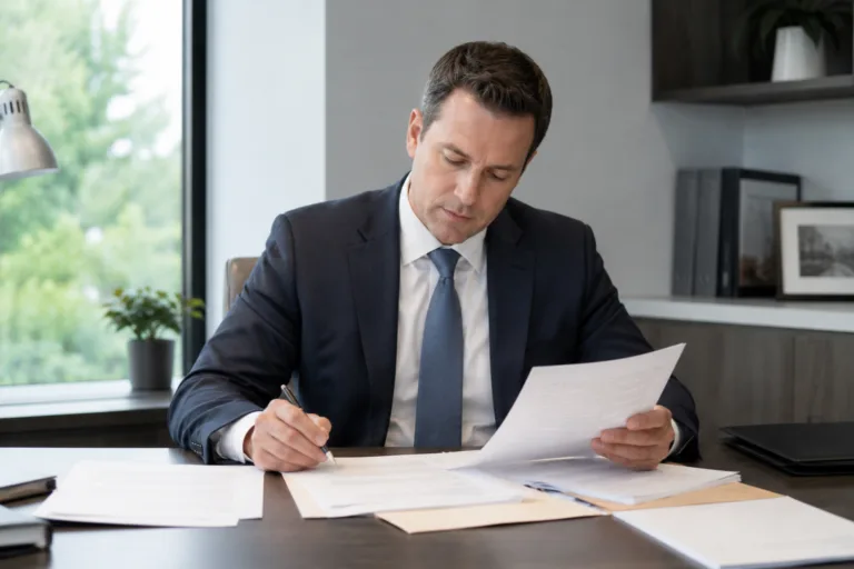 Michigan license restoration attorney reviewing client documents in office