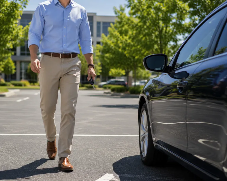 Man walking to his car after winning Michigan driver's license restoration after second DUI